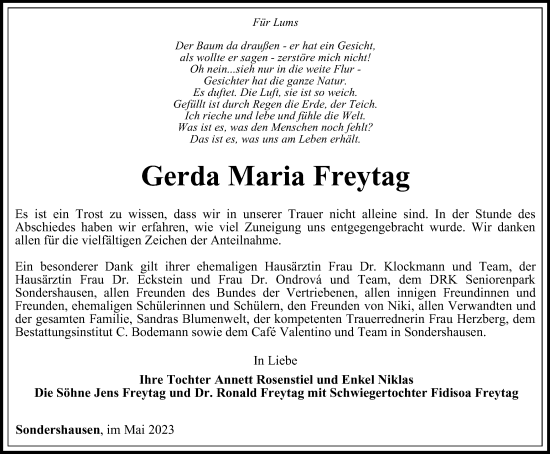 Traueranzeige von Gerda Maria Freytag von Thüringer Allgemeine