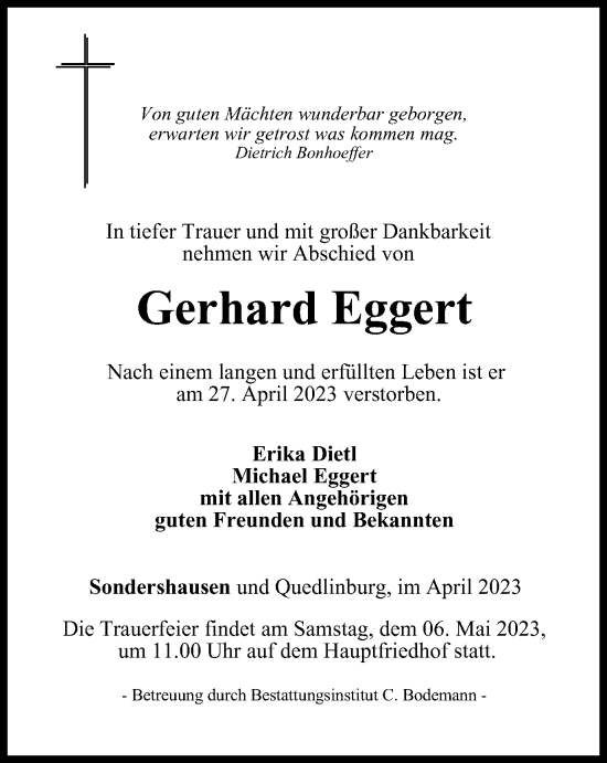 Traueranzeige von Gerhard Eggert