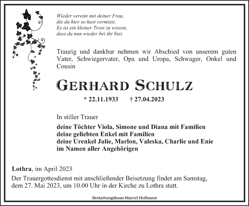  Traueranzeige für Gerhard Schulz vom 20.05.2023 aus Ostthüringer Zeitung