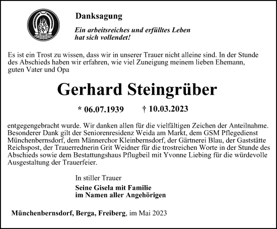 Traueranzeige von Gerhard Steingräber von Ostthüringer Zeitung