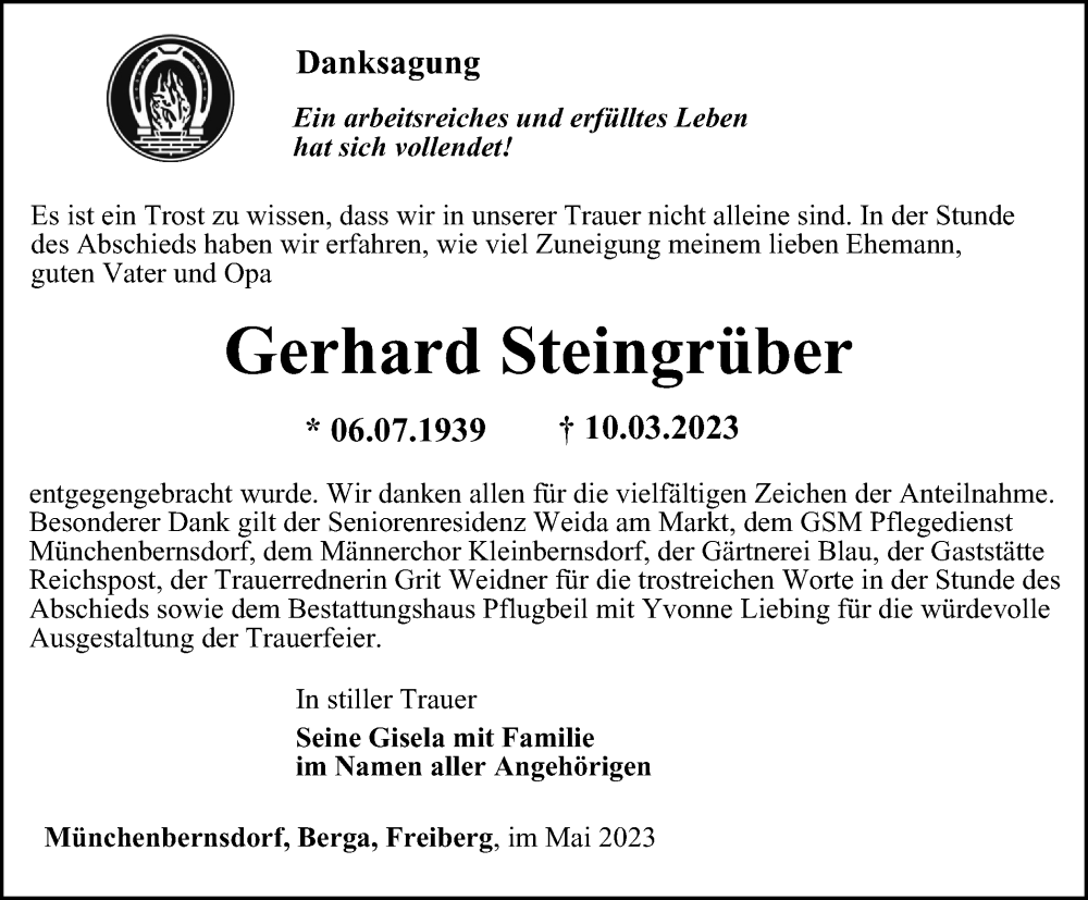  Traueranzeige für Gerhard Steingräber vom 06.05.2023 aus Ostthüringer Zeitung