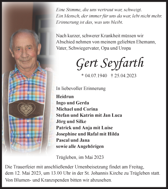 Traueranzeige von Gert Seyfarth von Thüringer Allgemeine, Thüringische Landeszeitung