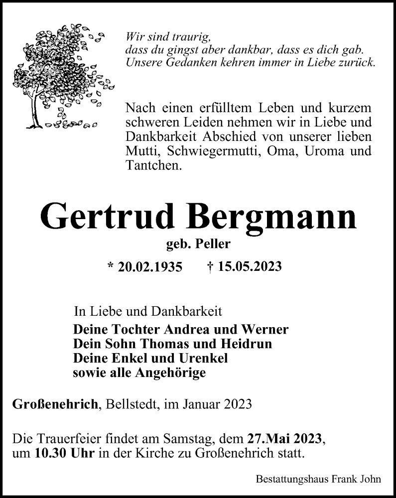  Traueranzeige für Gertrud Bergmann vom 20.05.2023 aus Thüringer Allgemeine