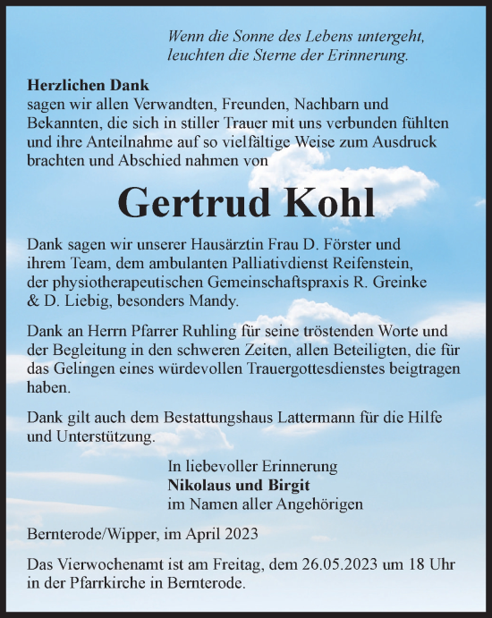 Traueranzeige von Gertrud Kohl von Thüringer Allgemeine
