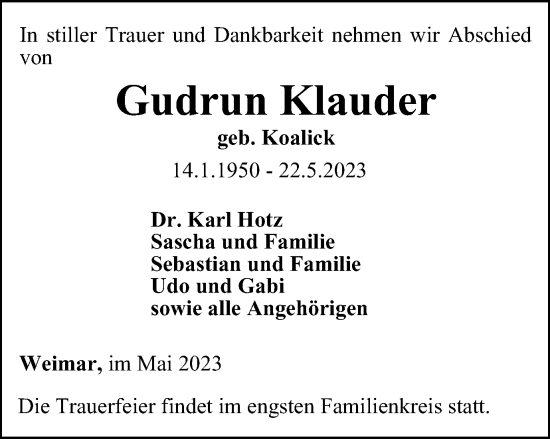 Traueranzeige von Gudrun Klauder von Thüringer Allgemeine, Thüringische Landeszeitung