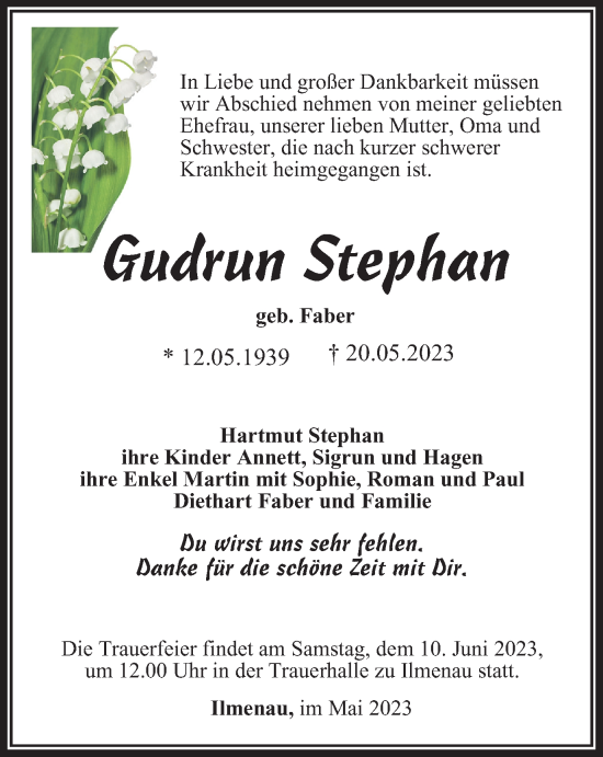 Traueranzeige von Gudrun Stephan von Thüringer Allgemeine, Thüringische Landeszeitung