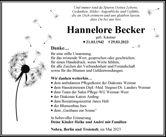 Traueranzeige von Hannelore Becker von Thüringer Allgemeine, Thüringische Landeszeitung