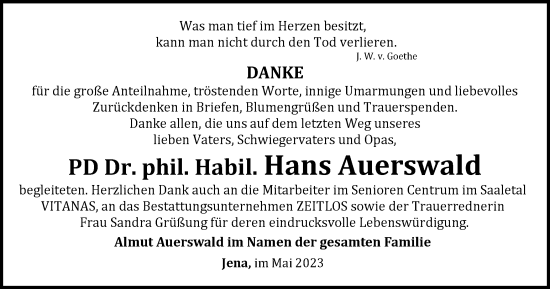 Traueranzeige von Hans Auerswald von Ostthüringer Zeitung, Thüringische Landeszeitung