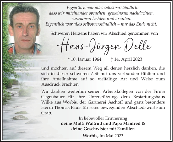 Traueranzeige von Hans-Jürgen Delle von Thüringer Allgemeine
