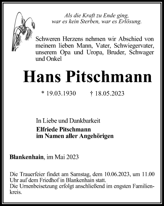 Traueranzeige von Hans Pitschmann von Thüringer Allgemeine, Thüringische Landeszeitung