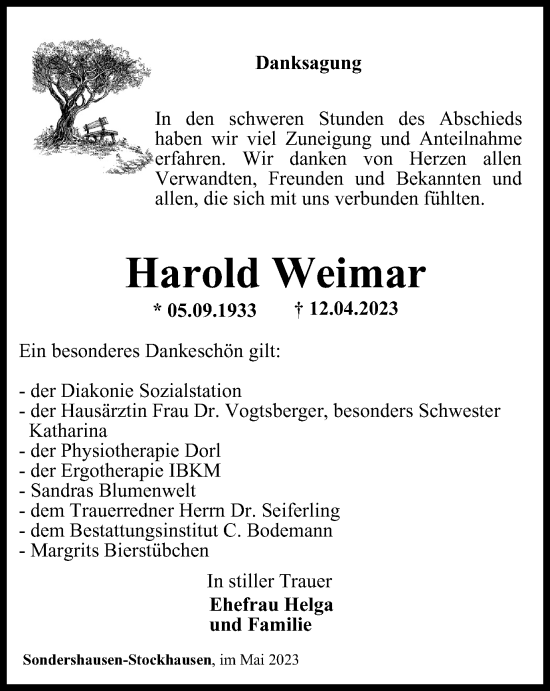 Traueranzeige von Harold Weimar von Thüringer Allgemeine