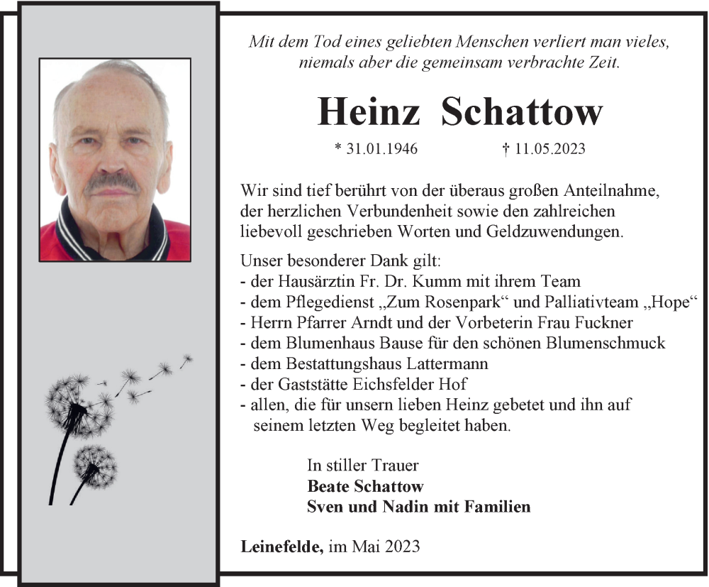  Traueranzeige für Heinz Schattow vom 25.05.2023 aus Thüringer Allgemeine
