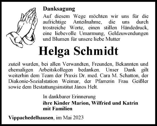 Traueranzeige von Helga Schmidt von Thüringer Allgemeine, Thüringische Landeszeitung