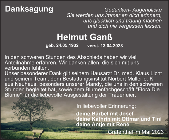 Traueranzeige von Helmut Ganß von Ostthüringer Zeitung