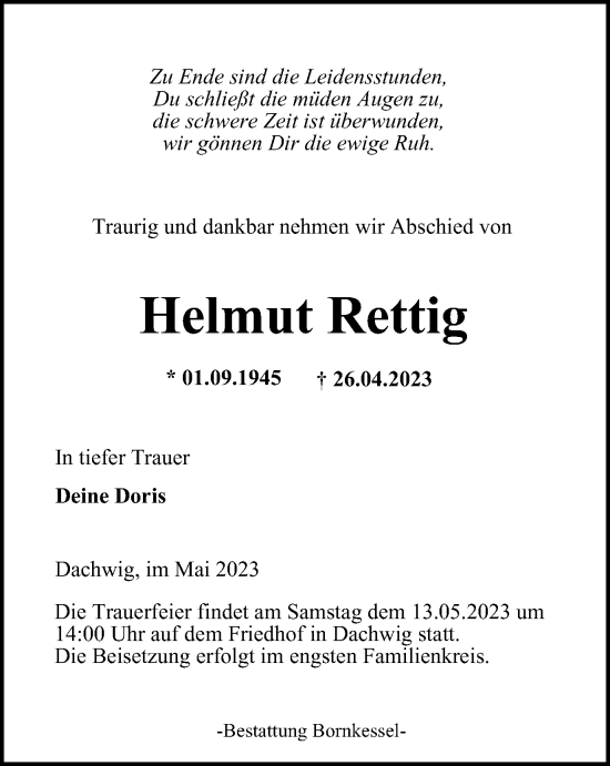 Traueranzeige von Helmut Rettig von Thüringer Allgemeine, Thüringische Landeszeitung