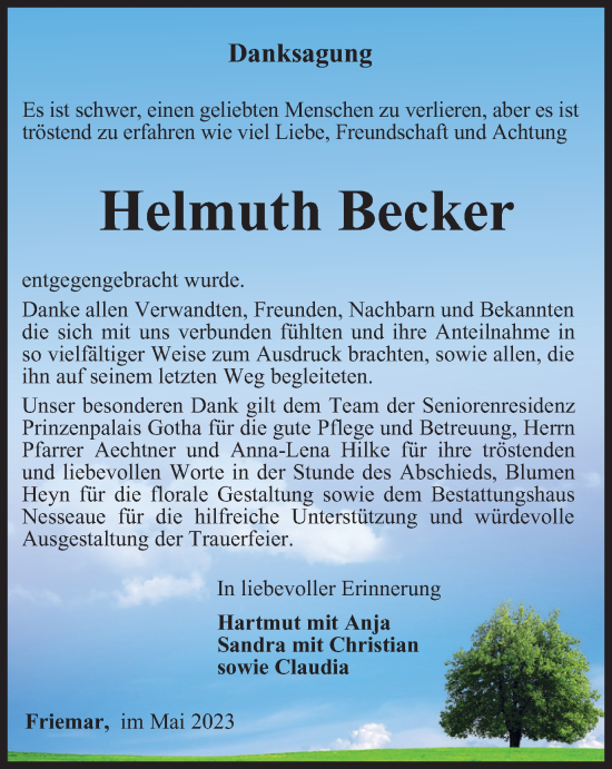 Traueranzeige von Helmuth Becker von Thüringer Allgemeine, Thüringische Landeszeitung