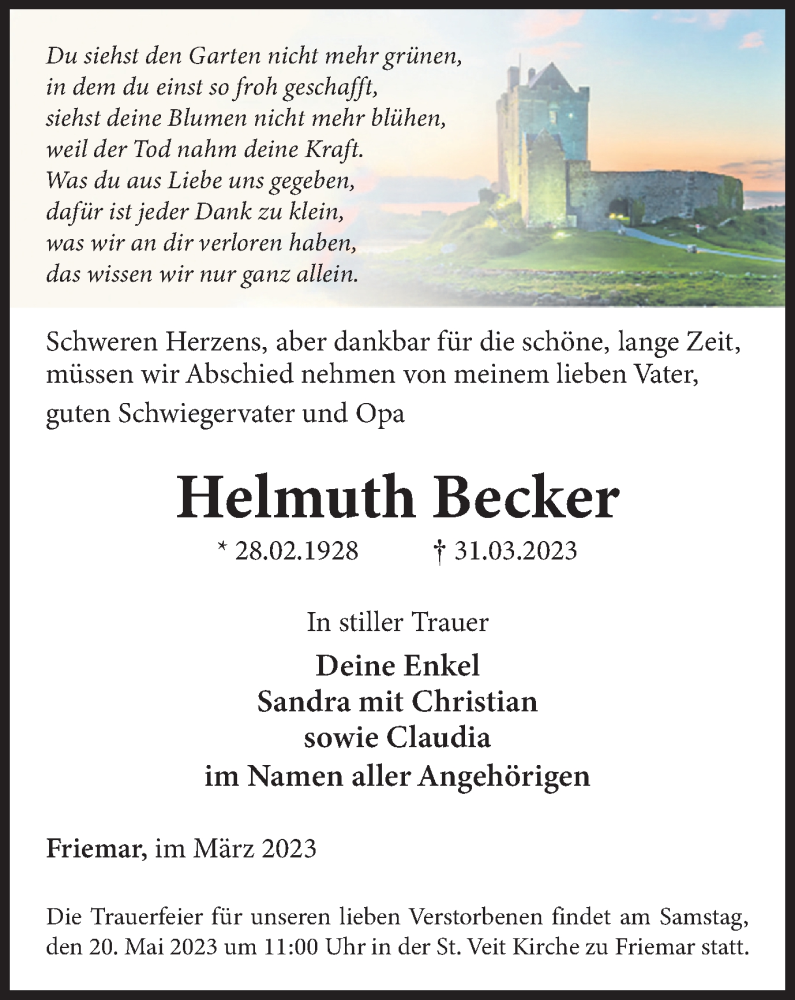  Traueranzeige für Helmuth Becker vom 06.05.2023 aus Thüringer Allgemeine, Thüringische Landeszeitung