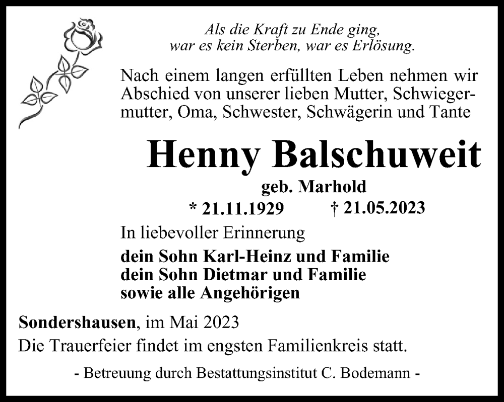  Traueranzeige für Henny Balschuweit vom 27.05.2023 aus Thüringer Allgemeine