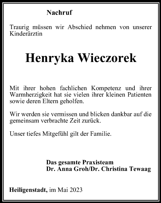Traueranzeige von Henryka Wieczorek von Thüringer Allgemeine