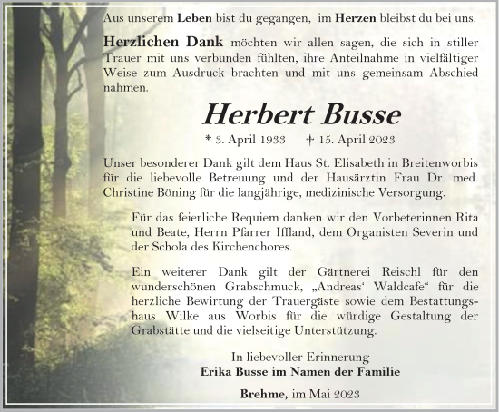 Traueranzeige von Herbert Busse von Thüringer Allgemeine