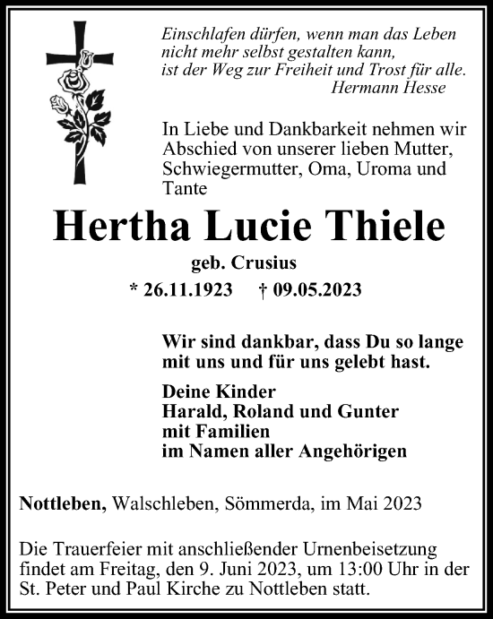 Traueranzeige von Hertha Lucie Thiele von Thüringer Allgemeine, Thüringische Landeszeitung