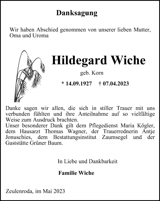 Traueranzeige von Hildegard Wiche von Ostthüringer Zeitung