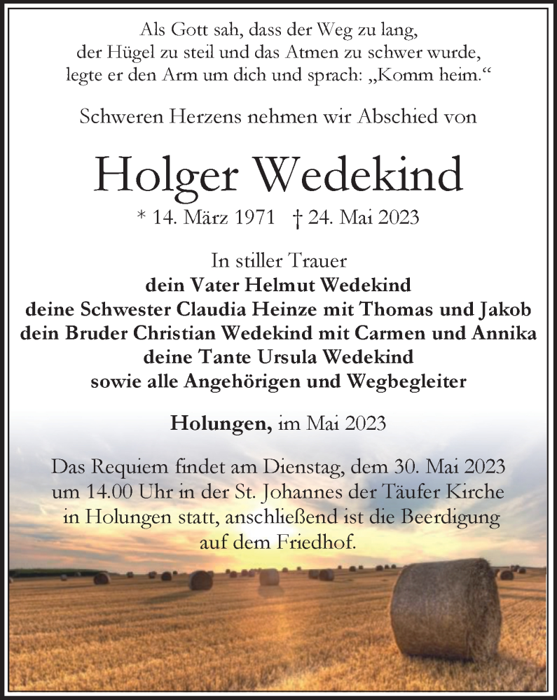  Traueranzeige für Holger Wedekind vom 27.05.2023 aus Thüringer Allgemeine