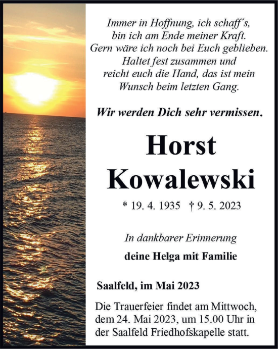 Traueranzeige von Horst Kowalewski von Ostthüringer Zeitung