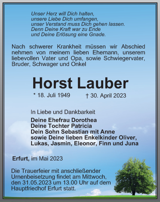 Traueranzeige von Horst Lauber