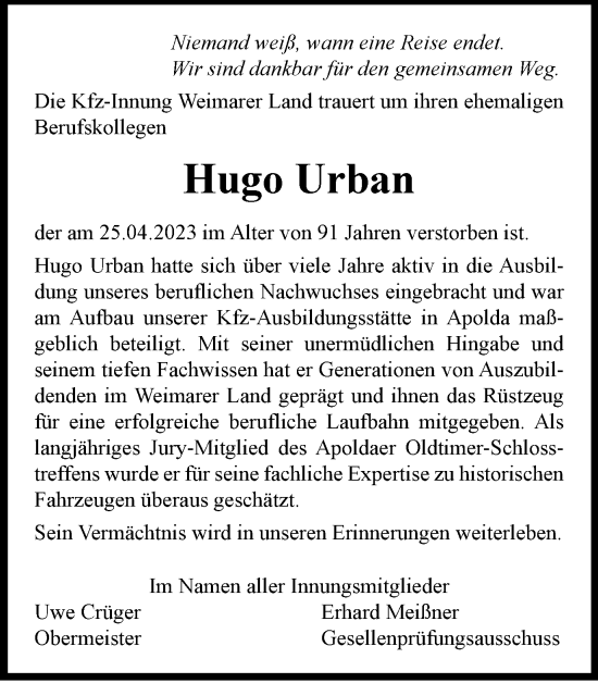 Traueranzeige von Hugo Urban von Thüringer Allgemeine, Thüringische Landeszeitung