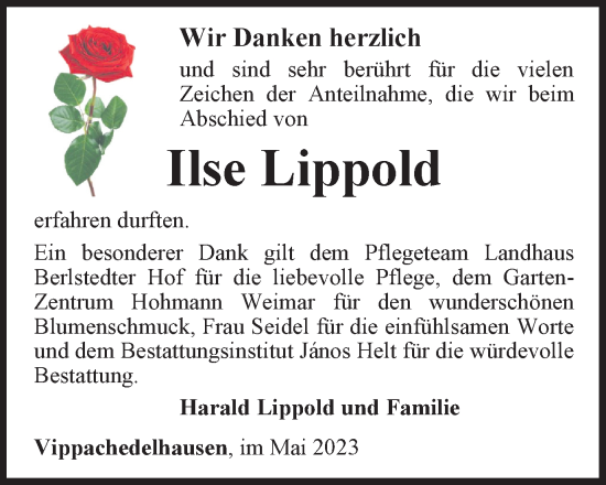 Traueranzeige von Ilse Lippold von Thüringer Allgemeine, Thüringische Landeszeitung