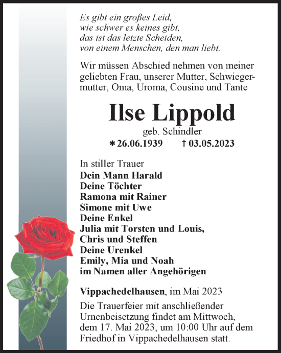 Traueranzeige von Ilse Lippold von Thüringer Allgemeine, Thüringische Landeszeitung