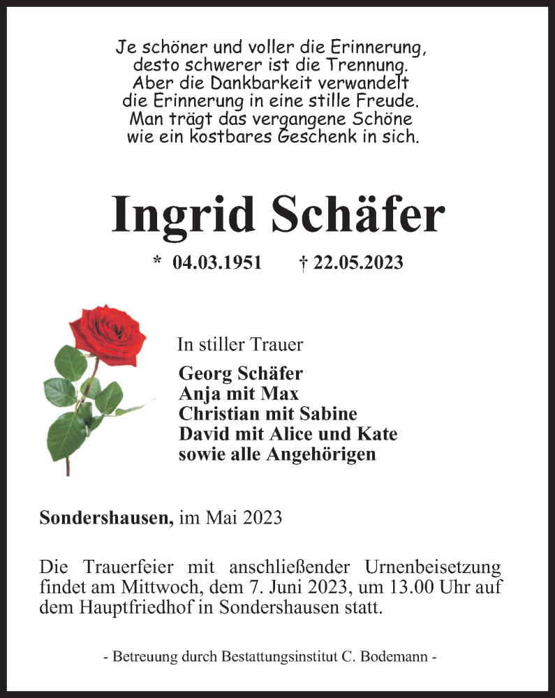  Traueranzeige für Ingrid Schäfer vom 27.05.2023 aus Thüringer Allgemeine