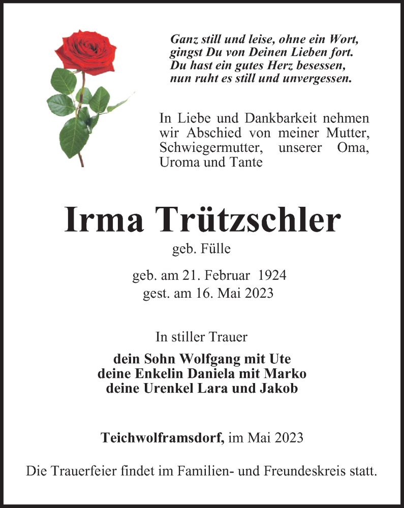  Traueranzeige für Irma Trützschler vom 19.05.2023 aus Ostthüringer Zeitung