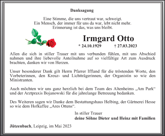 Traueranzeige von Irmgard Otto von Thüringer Allgemeine