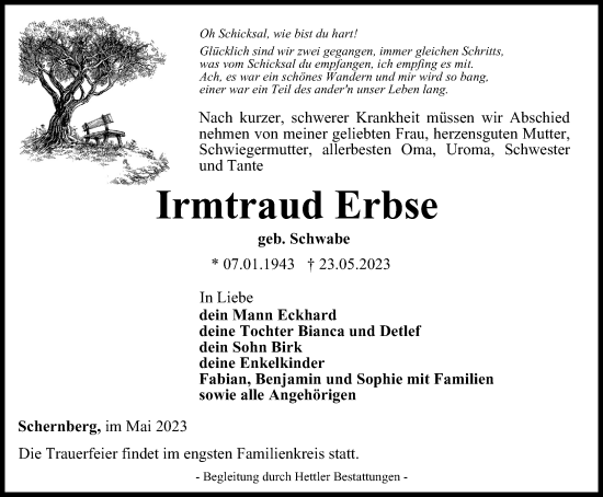 Traueranzeige von Irmtraud Erbse von Thüringer Allgemeine