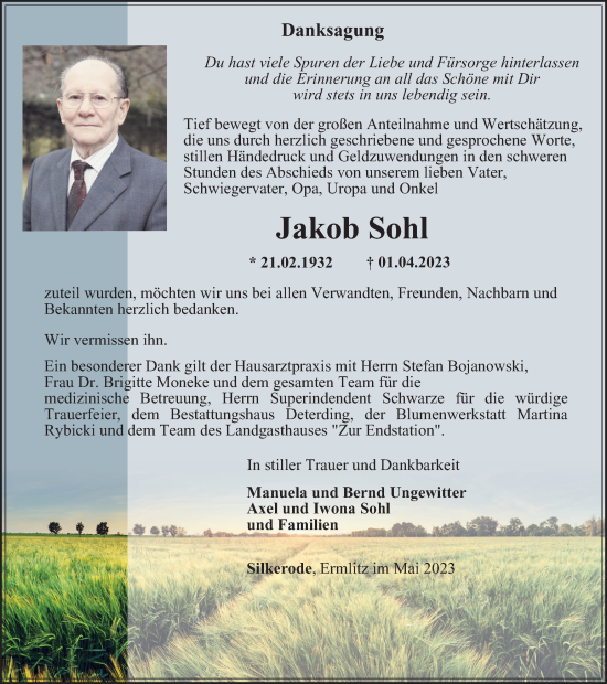 Traueranzeige von Jakob Sohl von Thüringer Allgemeine