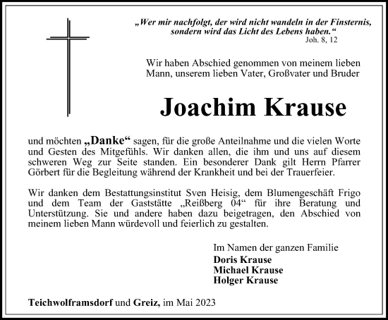 Traueranzeige von Joachim Krause von Ostthüringer Zeitung