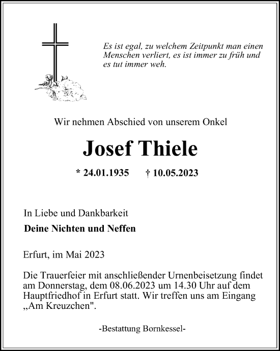 Traueranzeige von Josef Thiele von Thüringer Allgemeine, Thüringische Landeszeitung