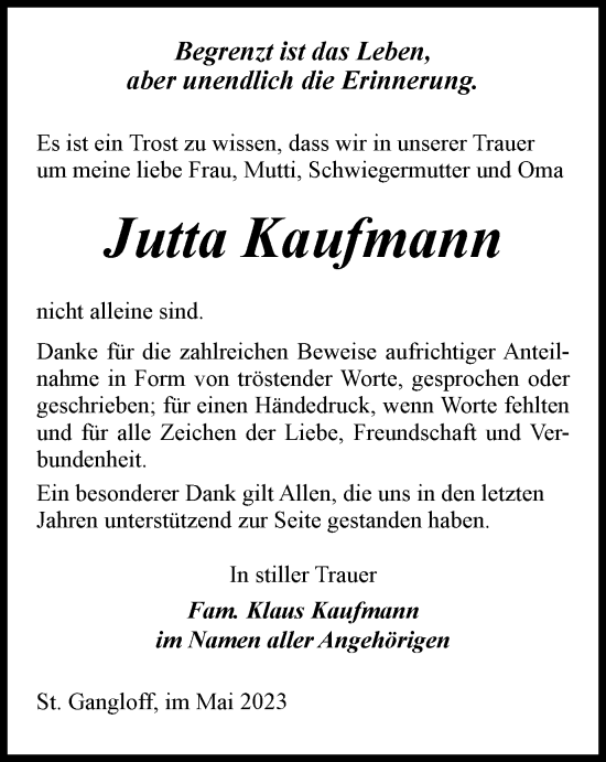 Traueranzeige von Jutta Kaufmann von Ostthüringer Zeitung