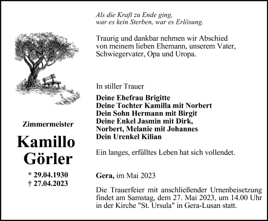 Traueranzeige von Kamillo Görler