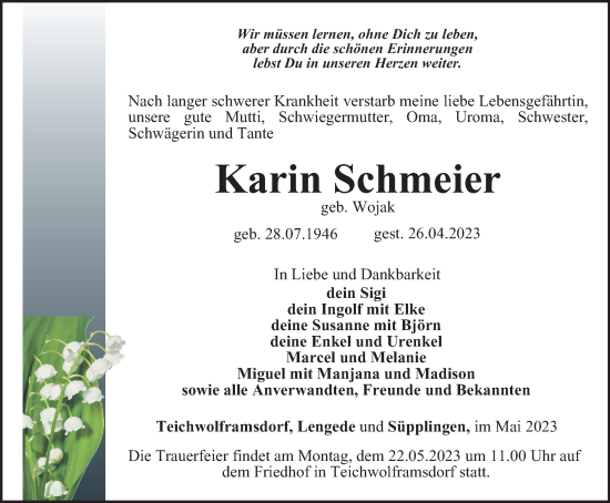 Traueranzeige von Karin Schmeier von Ostthüringer Zeitung