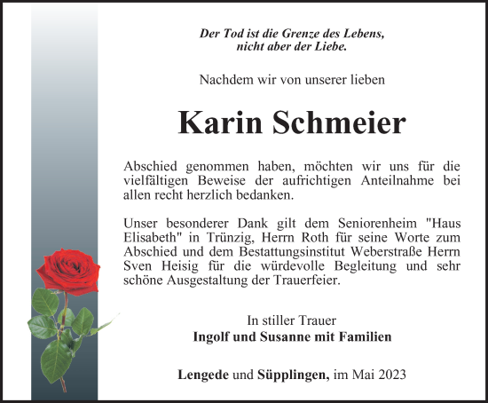 Traueranzeige von Karin Schmeier von Ostthüringer Zeitung