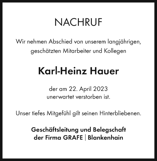 Traueranzeige von Karl-Heinz Hauer von Ostthüringer Zeitung