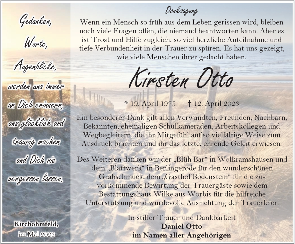  Traueranzeige für Kirsten Otto vom 19.05.2023 aus Thüringer Allgemeine