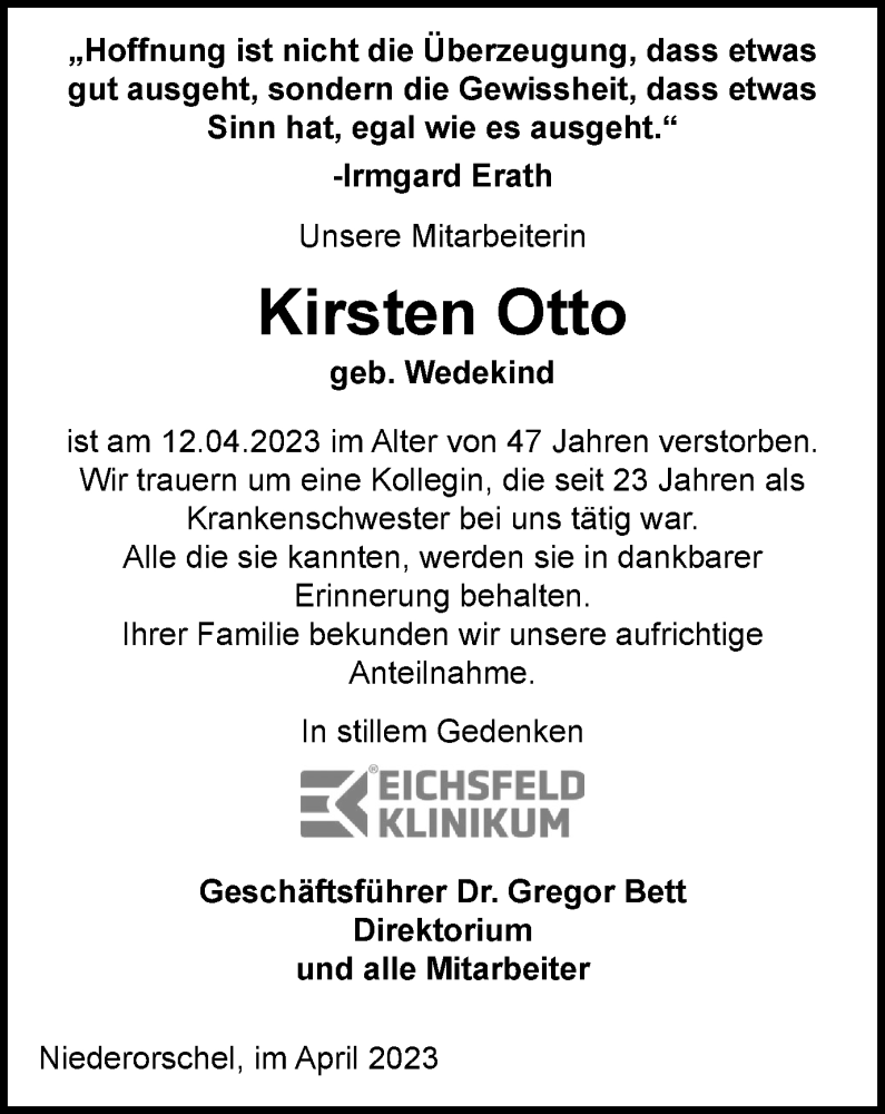  Traueranzeige für Kirsten Otto vom 06.05.2023 aus Thüringer Allgemeine