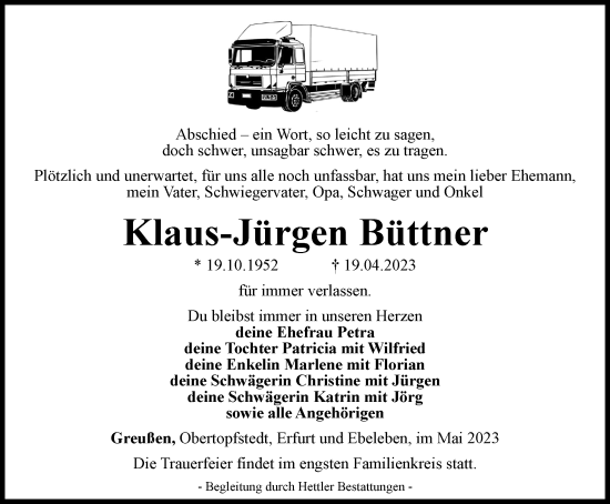 Traueranzeige von Klaus-Jürgen Büttner von Thüringer Allgemeine