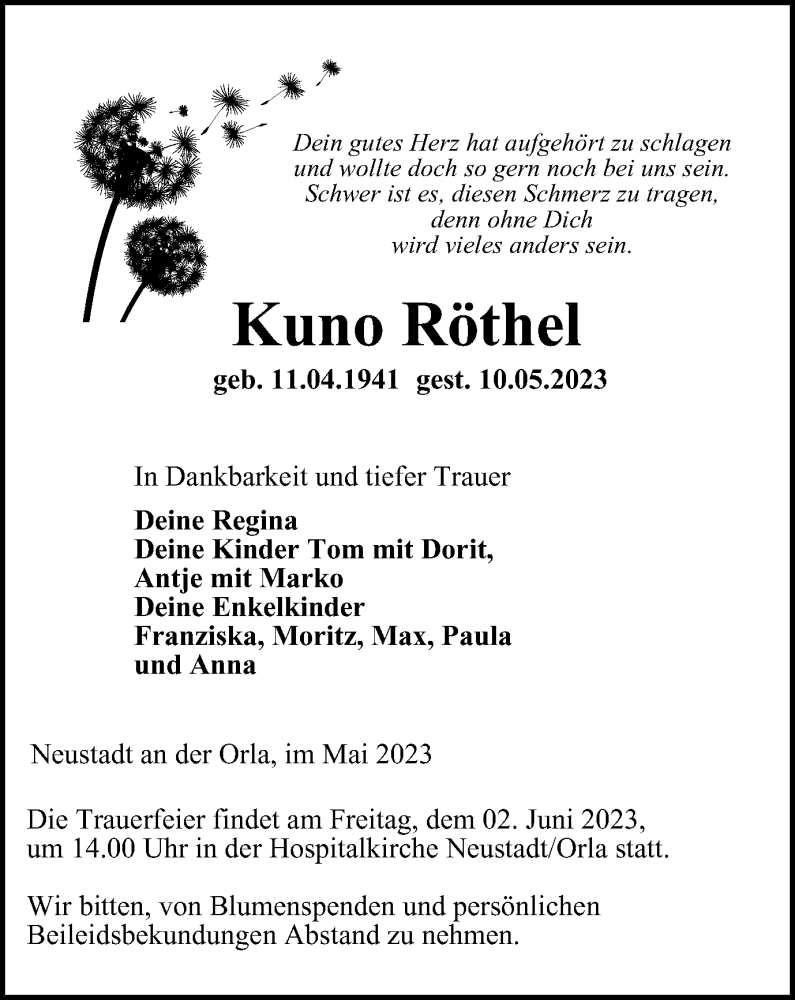  Traueranzeige für Kuno Röthel vom 20.05.2023 aus Ostthüringer Zeitung