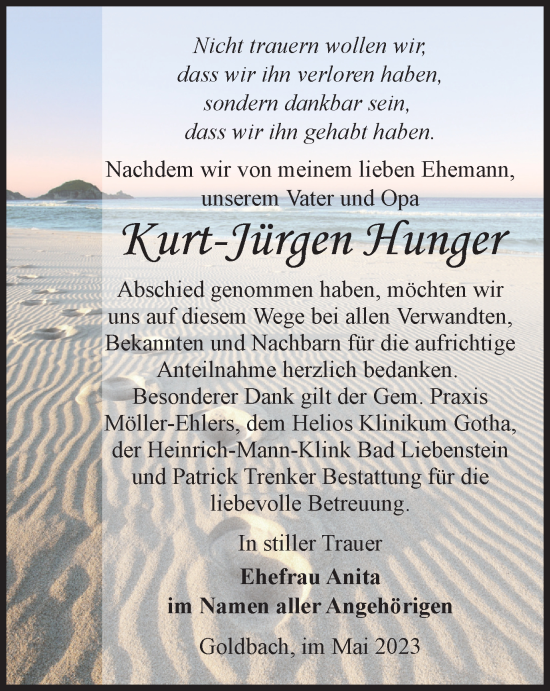 Traueranzeige von Kurt-Jürgen Hunger von Thüringer Allgemeine, Thüringische Landeszeitung