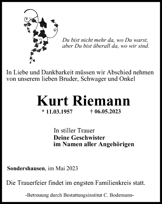 Traueranzeige von Kurt Riemann von Thüringer Allgemeine